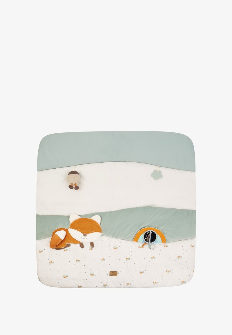 Gestepptes Spielmatte mit einem Fuchsdesign, weicher Stoff in gedämpften Blau- und Weißtönen, mit einer plüschigen Textur und kleinen befestigten Hängespielzeugen.