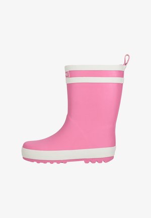 Botte de pluie pour enfants rose avec bordure blanche autour du haut, de la semelle et un onglet de tirage à l'arrière, vue de profil.