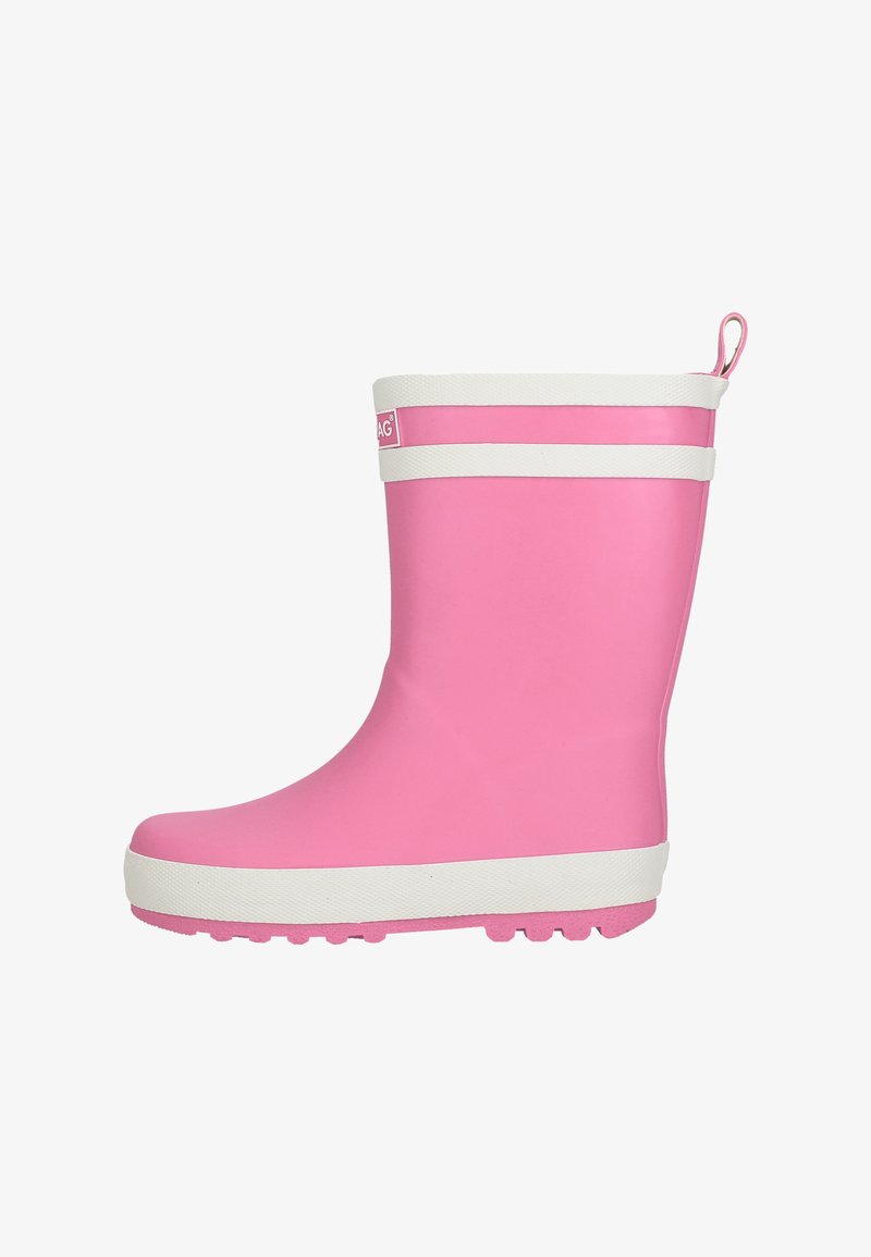 Botte de pluie pour enfants rose avec bordure blanche autour du haut, de la semelle et un onglet de tirage à l'arrière, vue de profil.