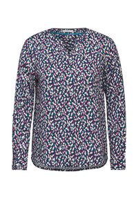 Maglietta a maniche lunghe di colore blu scuro con un vivace motivo floreale nei colori rosa, bianco e turchese. Presenta un scollo a V e una vestibilità comoda.