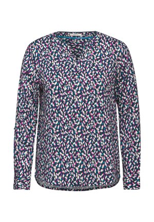 Långärmad topp i mörkblått med ett livligt blommönster i rosa, vitt och turkos. Har en V-hals och en avslappnad passform.