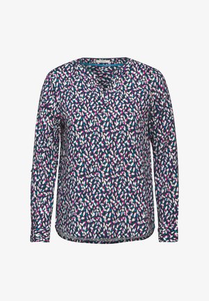 Långärmad topp i mörkblått med ett livligt blommönster i rosa, vitt och turkos. Har en V-hals och en avslappnad passform.