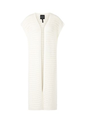 White knitted cardigan with a loose fit, open front, and cap sleeves. Features a textured pattern throughout and a ribbed hem.