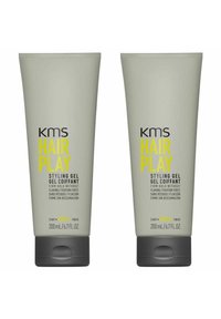 Two light grey tubes of KMS Hair Play styling gel, 200 mL each, with a black and yellow label, featuring a flip-top cap and text detailing.