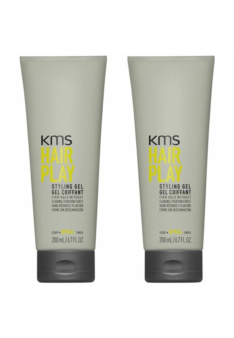 Two light grey tubes of KMS Hair Play styling gel, 200 mL each, with a black and yellow label, featuring a flip-top cap and text detailing.