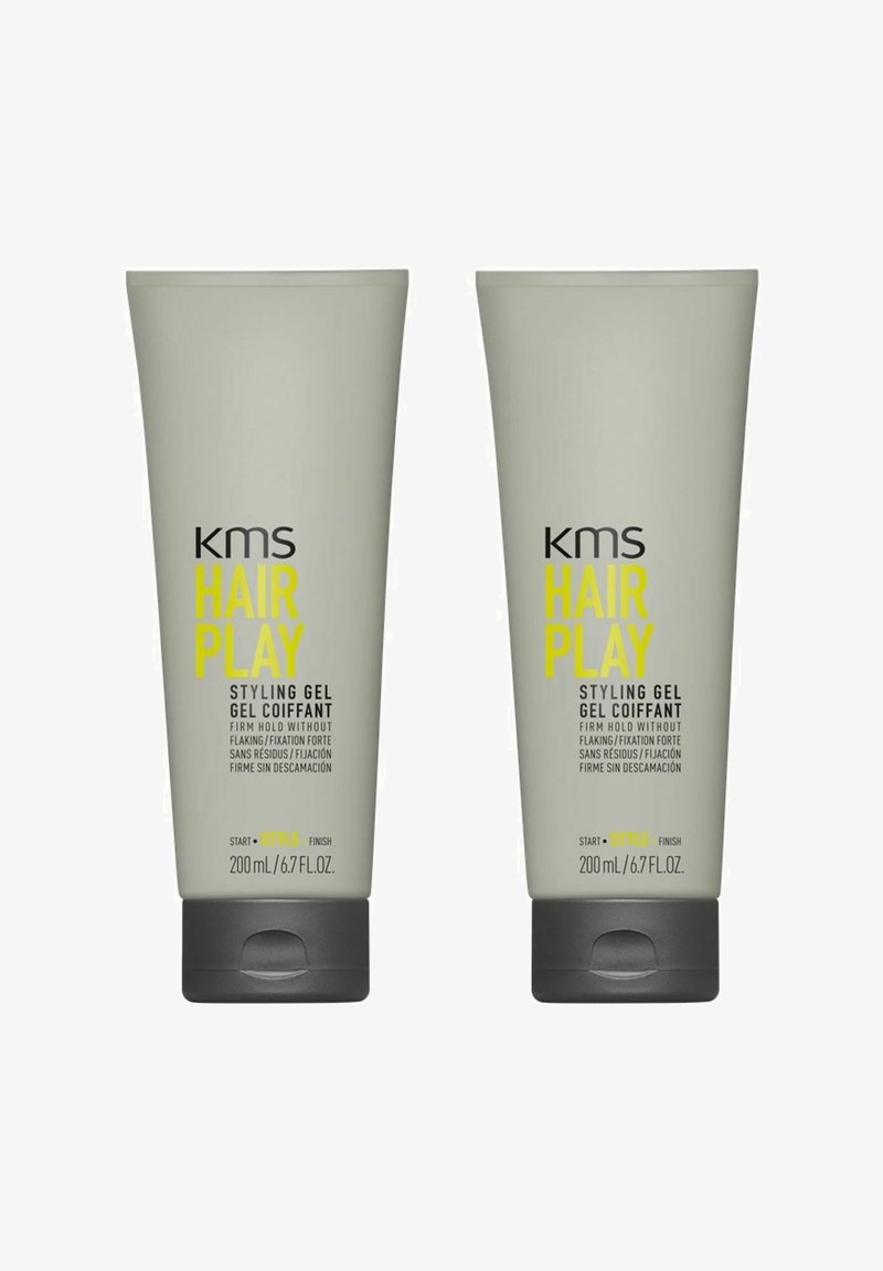 Two light grey tubes of KMS Hair Play styling gel, 200 mL each, with a black and yellow label, featuring a flip-top cap and text detailing.
