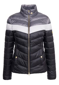 Padded jacket in black and gray with a chevron pattern, high collar, front zipper, and gold-tone hardware accents.