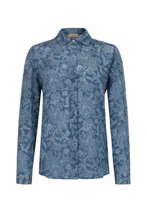 Niebieska koszula na długi rękaw z przyciskiem, z jasnym kwiatowym wzorem i kołnierzykiem, dopasowany krój i ukryte guziki z przodu.