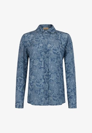 Chemise bleue à manches longues avec motif floral pâle, col, coupe ajustée et boutons avant dissimulés.