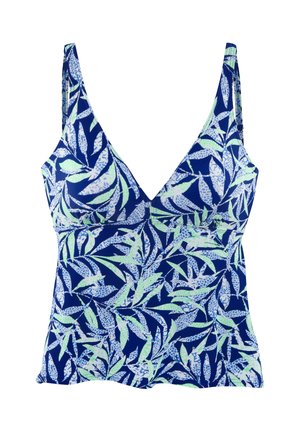 Blue tankini top with green and white tropical leaf pattern, V-neck, and adjustable shoulder straps.