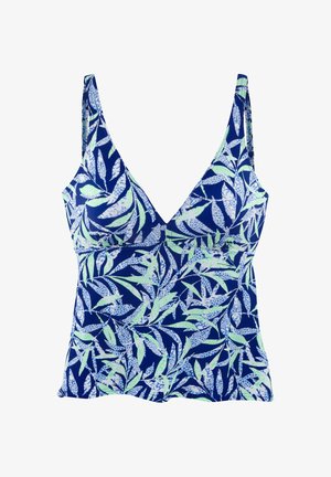 Blaues Tankini-Oberteil mit grünem und weißem tropischem Blättermuster, V-Ausschnitt und verstellbaren Schulterträgern.