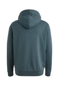Džemper s kapuljačom u tamno plavoj-zelenoj boji. Ima mekan mješavinu pamuka, rebraste manžete i donji rub, s glatkom teksturom i minimalističkim dizajnom.