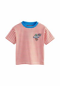 Tricou striped cu culorile roșu și alb, guler albastru, având un design cu OZN și textul "HAIDE!" brodat pe față.