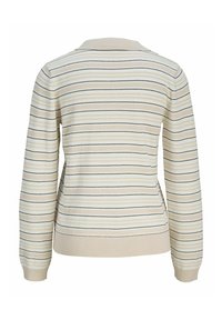 Maglione beige con righe orizzontali in beige chiaro e blu navy, caratterizzato da un collo rotondo e polsini e orlo a costine.
