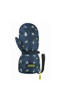 Marineblaue Fäustlinge mit Astronauten- und Sternmustern, elastischem Handgelenk, Logopatch und einem Handgelenkband mit gelben Akzenten für einen sicheren Sitz.