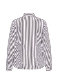 Chemise blanche à manches longues avec fines rayures noires verticales, poignets boutonnés et col classique, vue de dos.