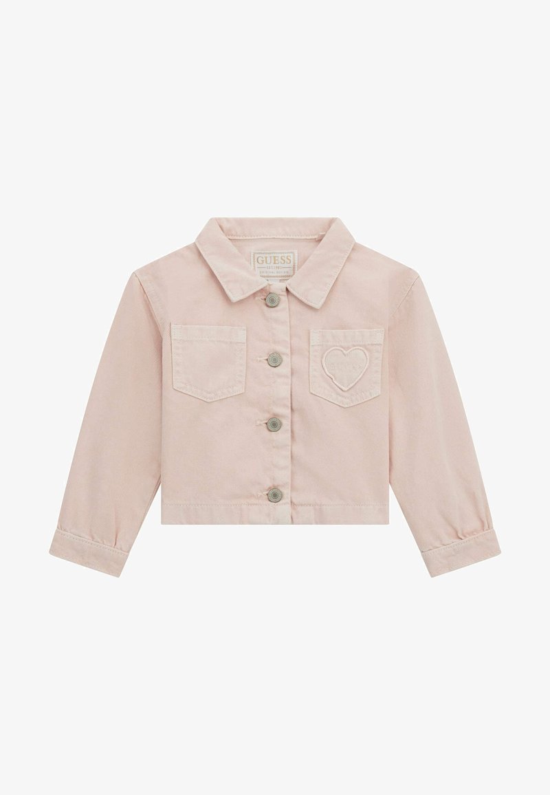 Giacca per bambini rosa chiaro con bottoni, colletto, due tasche frontali, una con dettaglio a forma di cuore e maniche lunghe.
