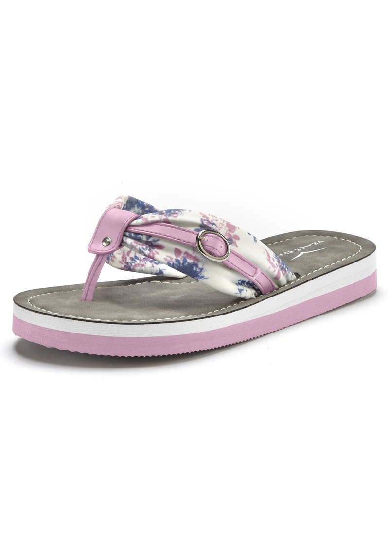 Chanclas con un patrón floral y una correa de cuero sintético rosa, acompañadas de un acento metálico circular. Plantilla gris y una suela estratificada en rosa y blanco.