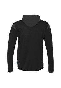 Sort langærmet hoodie med en tekstureret stof, der har en hætte og kontrasterende skulderdetaljer i en mat sort finish.