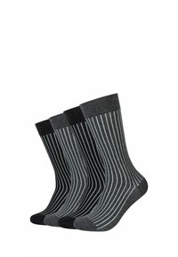 Drei Paar Socken in Dunkelgrau und Schwarz mit vertikalen weißen Streifen. Sie verfügen über einen gerippten Rand und eine glatte Textur.