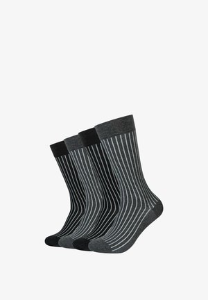 Drei Paar Socken in Dunkelgrau und Schwarz mit vertikalen weißen Streifen. Sie verfügen über einen gerippten Rand und eine glatte Textur.