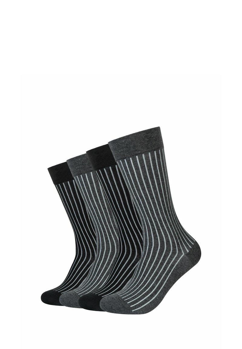Drei Paar Socken in Dunkelgrau und Schwarz mit vertikalen weißen Streifen. Sie verfügen über einen gerippten Rand und eine glatte Textur.