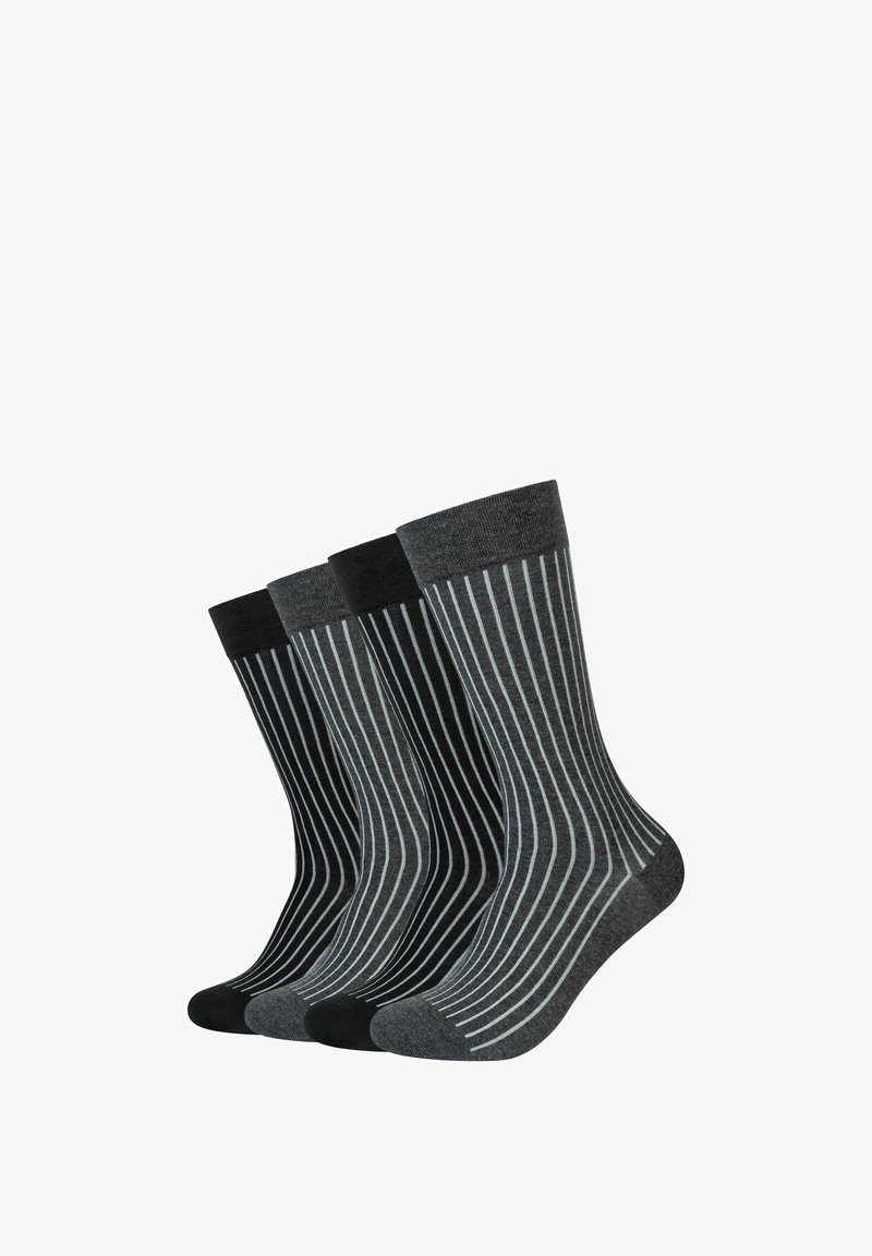 Tre paia di calze in grigio scuro e nero con strisce bianche verticali. Presentano una parte superiore a coste e una texture liscia.