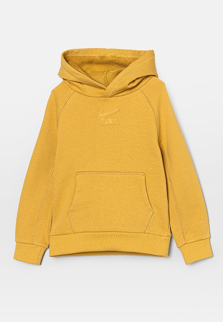 Haut à capuche jaune fabriqué en tissu texturé, présentant une poche kangourou, des poignets et un ourlet côtelés, ainsi qu'un petit logo en relief sur la poitrine.