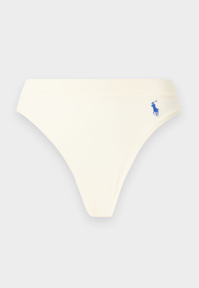 Bas de bikini blanc taille haute avec logo Polo Ralph Lauren bleu brodé sur la hanche droite, présenté sur un fond gris clair uni.