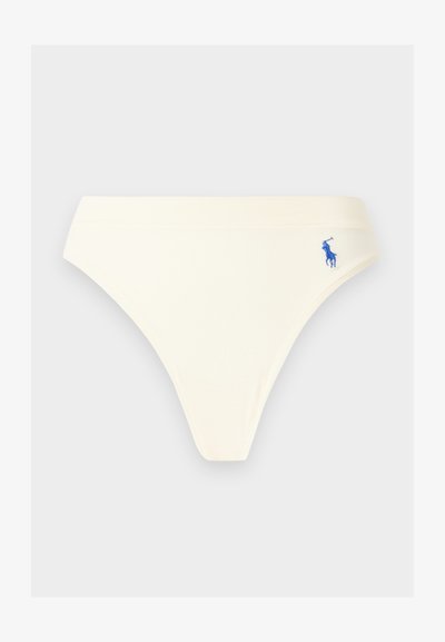 Bas de bikini blanc taille haute avec logo Polo Ralph Lauren bleu brodé sur la hanche droite, présenté sur un fond gris clair uni.