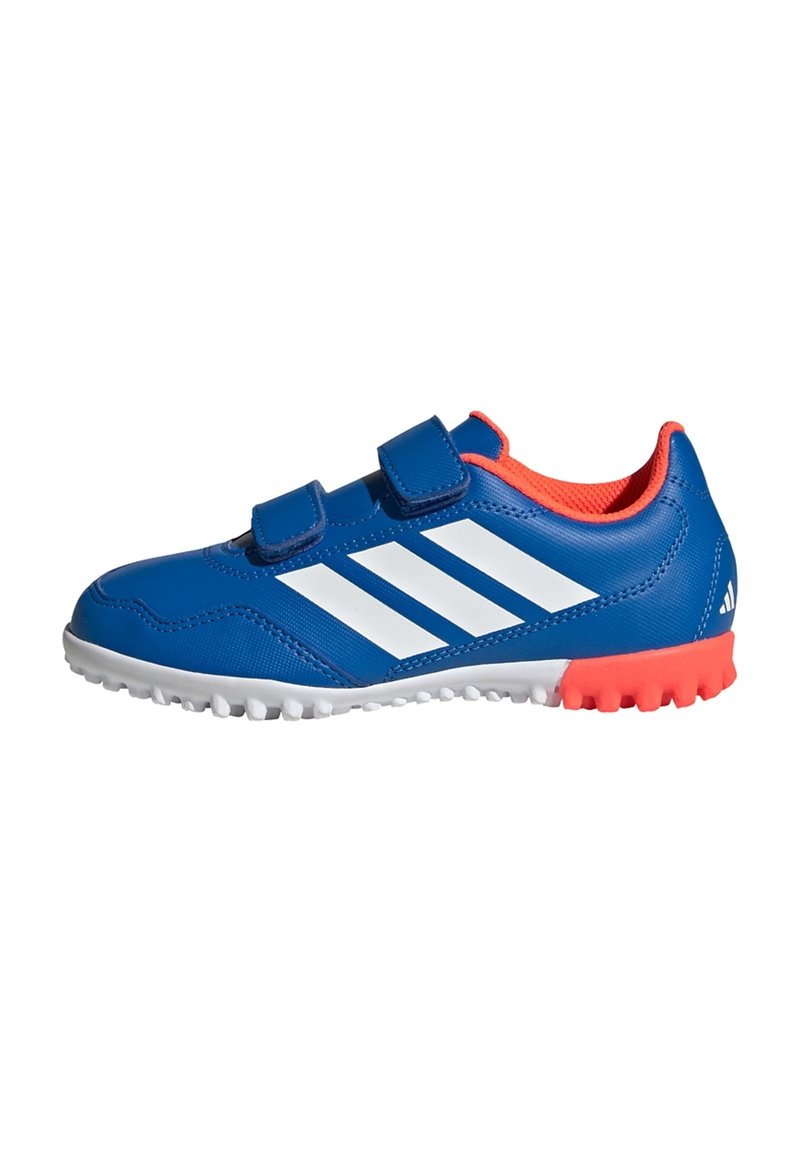 Blue athletic shoe with white stripes, two Velcro straps, red inner lining, and a textured white sole for traction.