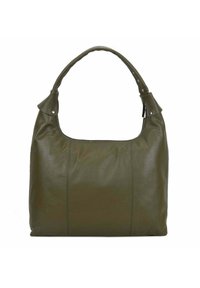 Groene leren handtas met een gebogen handvat, een gladde textuur en een ritssluiting, voorzien van decoratieve stiksels en metalen accenten.