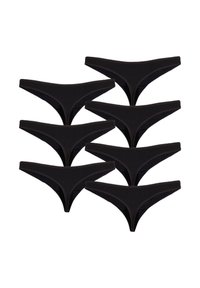 Set van acht zwarte katoenen stringunderwear, met een gladde textuur, smalle zijkanten en een minimalistisch ontwerp zonder zichtbare patronen.