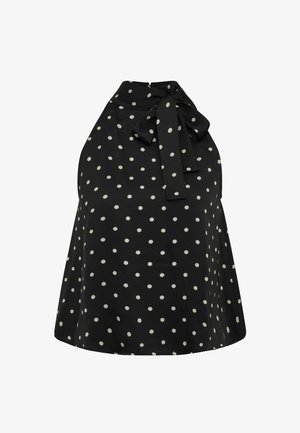 Černý halter top s bílými puntíky, s vázáním na krku a rozšířeným siluetou. Hladká tkanina, zip na zadní straně.