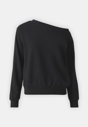 Schwarzer Pullover aus weichem Stoff, mit einem Schulterausschnitt, gerippten Bündchen und einer taillierten Taille.