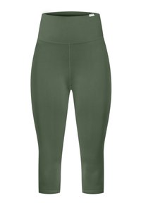 Leggings capri verde oliva realizzati in tessuto morbido e elastico. Vita alta e design senza cuciture. Nessun logo o motivo visibile.