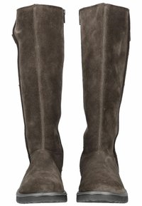 Bottes en daim marron hautes jusqu'au genou avec une finition lisse, fermeture éclair sur le côté et semelle en caoutchouc plat. Présente un bout arrondi et aucun matériel visible.