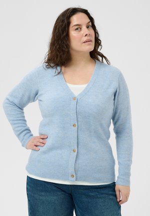 Femme aux cheveux bouclés et foncés portant un cardigan bleu clair boutonné par-dessus un haut blanc et un jean bleu, debout avec une main sur la hanche.