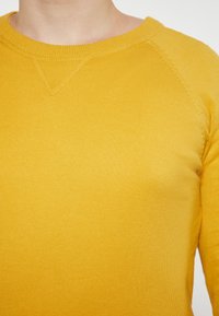 Żółty sweter prążkowany z okrągłym dekoltem i raglanowymi rękawami, charakteryzujący się gładką teksturą i starannymi szwami.