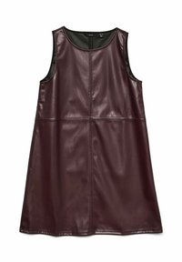 Vestido sin mangas de piel sintética color burdeos con un corte holgado, cuello redondo y detalles de costuras. Textura suave, diseño hasta la rodilla.