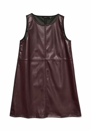 Bourgognefarvet ærmeløs kjole i imiteret læder med løs pasform, rund halsudskæring og syningsdetaljer. Glat tekstur, knælængde.