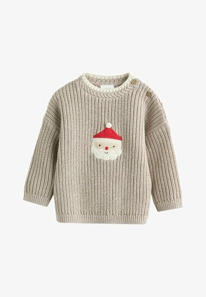 Beige gebreide trui met een ontwerp van een Santa-gezicht in wit en rood, ronde halslijn en knoopdetails op één schouder.