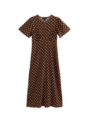 Bruine midi-jurk met witte polkadots, korte mouwen, ronde halslijn en getailleerde taille, weergegeven op een witte achtergrond.