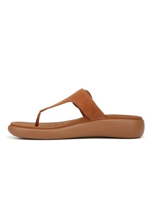 Brown leather sandals with a thong design, featuring a padded insole and a textured rubber outsole for grip. Sleek, minimalistic style.