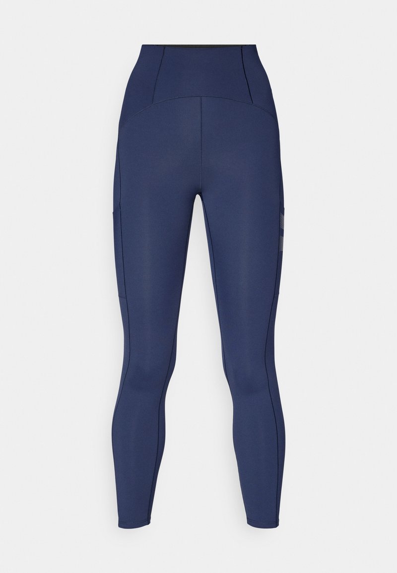 Marineblaue, hoch geschnittene Leggings mit Seitentaschen und figurbetontem Design. Glatter Stoff, ideal für sportliche oder lässige Kleidung.