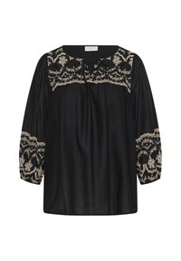 Blouse noire à manches longues avec broderie florale beige sur le yoke et les manches, avec un col rond et un détail à nouer à l'avant.