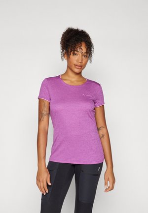 Purple short-sleeve athletic shirt made of lightweight material, featuring a round neckline and contrasting trim along the shoulders.