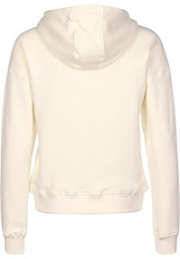 Sudadera de manga larga color crema vista desde la parte posterior, con una cinturilla y puños acanalados.
