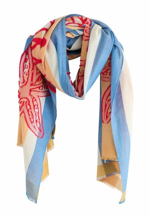 Lightweight scarf with blue, beige, white stripes and red starfish patterns, loosely looped with frayed edges.