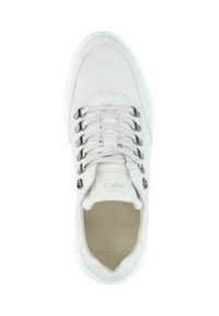 White sneaker featuring suede upper, round toe, six eyelets with silver hardware, and a textured inner lining. Logo on the tongue.